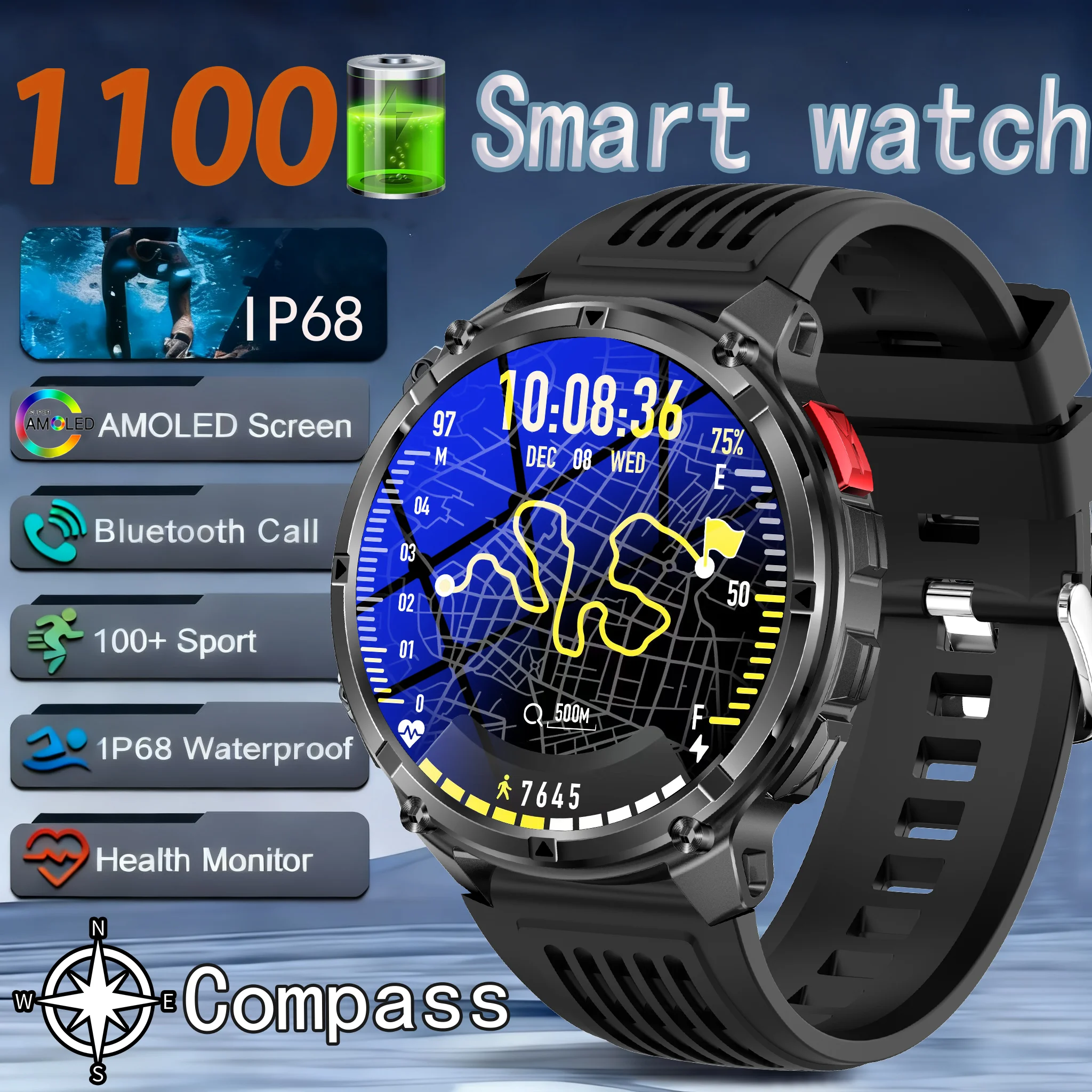 1100mAh بطارية Smartwatch 1.7 بوصة مصباح ليد جيب BT دعوة في الهواء الطلق ساعة ذكية الرجال النساء الرياضة البوصلة مراقبة الصحة مقاوم للماء