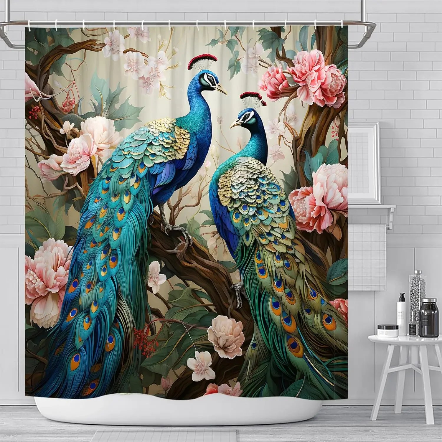 Peacock Shower Curtains Blue Beautiful Bird Pink Flower Two Peacocks Floral Plant Scenery Pattern Print Bathroom Decor Curtains