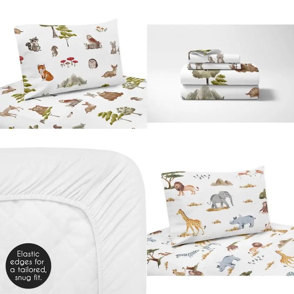 スイートジョジョデザインズ ウッドランドフォレストアニマルズ 男の子 女の子 性別中立 ユニセックス クイーンシーツセット フラットフィットシーツ 枕カバー K