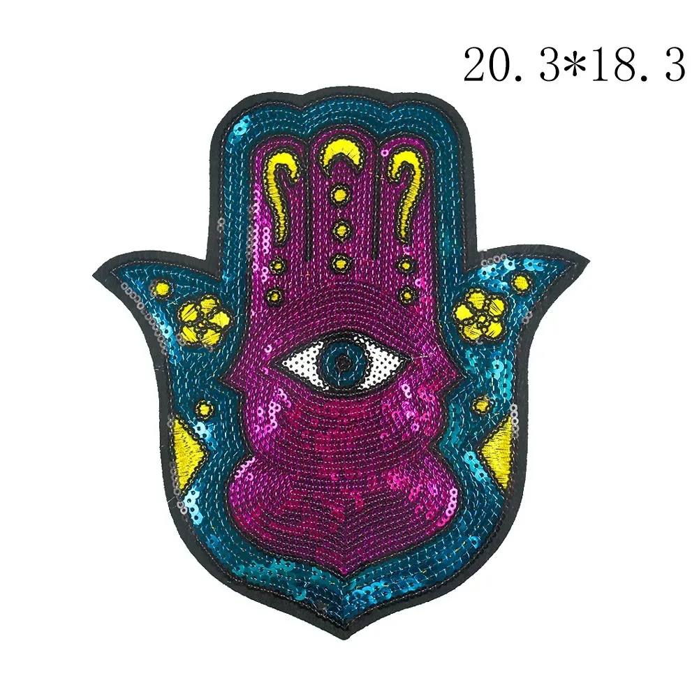 Sequin Hand of Fatima Embroidery Patches Large Size Evil Eye Sew on Applique for Clothing Accessories Sewing Supplies Bag Badge