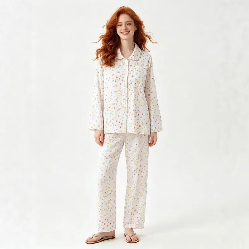 Women Cotton Star Print Pajamas Set Lapel Long Sleeves 2 Pcs Shirt&pants Pijamas Suit Homewear Autumn New Comfy Soft Sleepwear