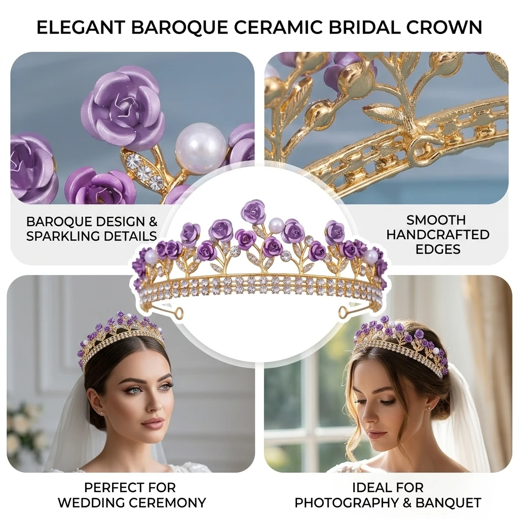 Baroque Ceramic Bridal Crown Rhinestone Prom Diadem Hairpieces Crystal Pearl Rose Crown Tiara Wedding Hair Accessories Jewelry view 6