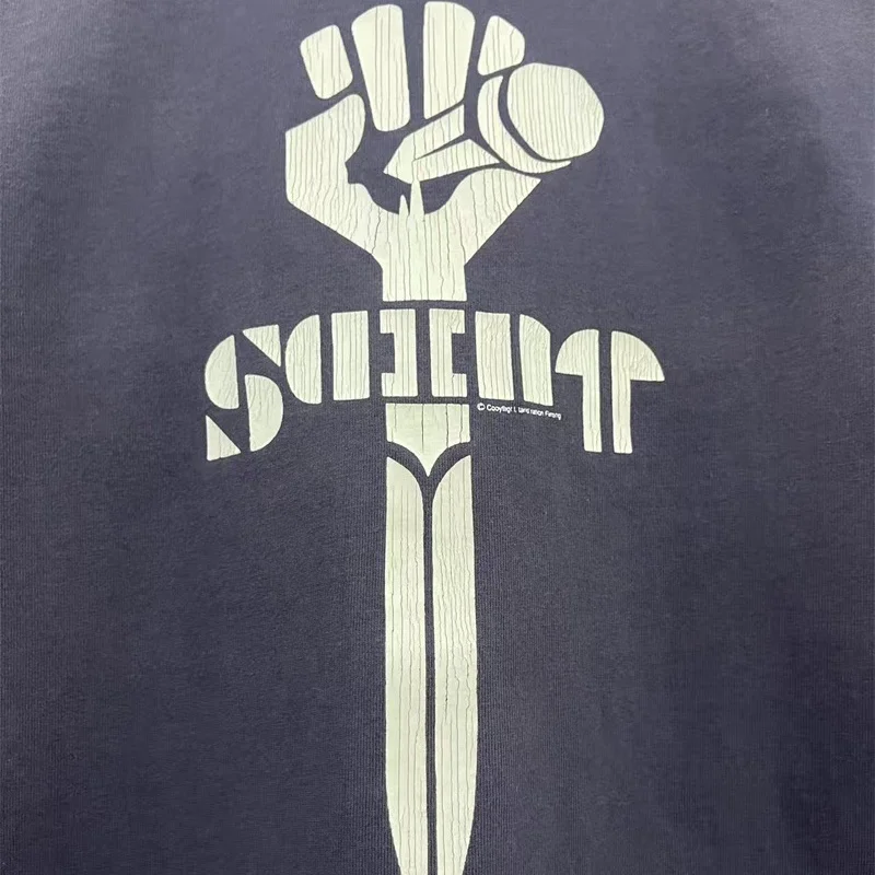 High Street Vintage Washed Black Oversized Saint T-Shirt Premium Quality Cracked Pattern Print Men Women Cotton Short-Sleeve