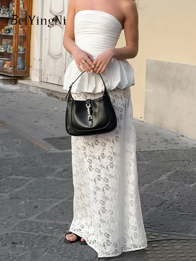 Beiyingni Gonna lunga in pizzo da donna di nuovo stile Slim Fit Casual Bianca Elegante donna francese Gonne a sirena Pianura Prospettiva Faldas