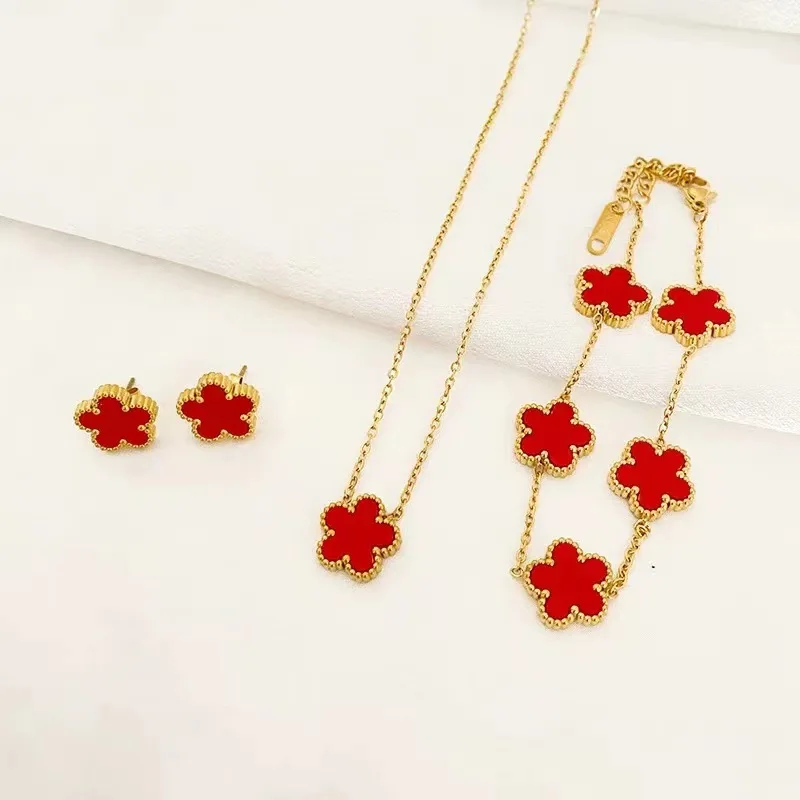 3Pcs Stainless Steel 316L Luxury Plum Blossom Plant Five Leaf Flower Necklace Earrings Bracelet for Women Gift Jewelry Sets