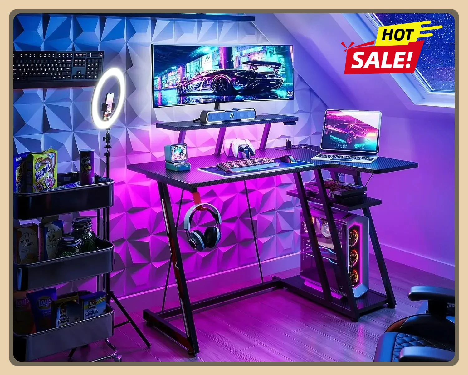 

Small Gaming Desk, 39 Inch L Shaped Gaming Computer Desk with Storage Shelf with LED Lights & Power Outlets, Gamer Desk