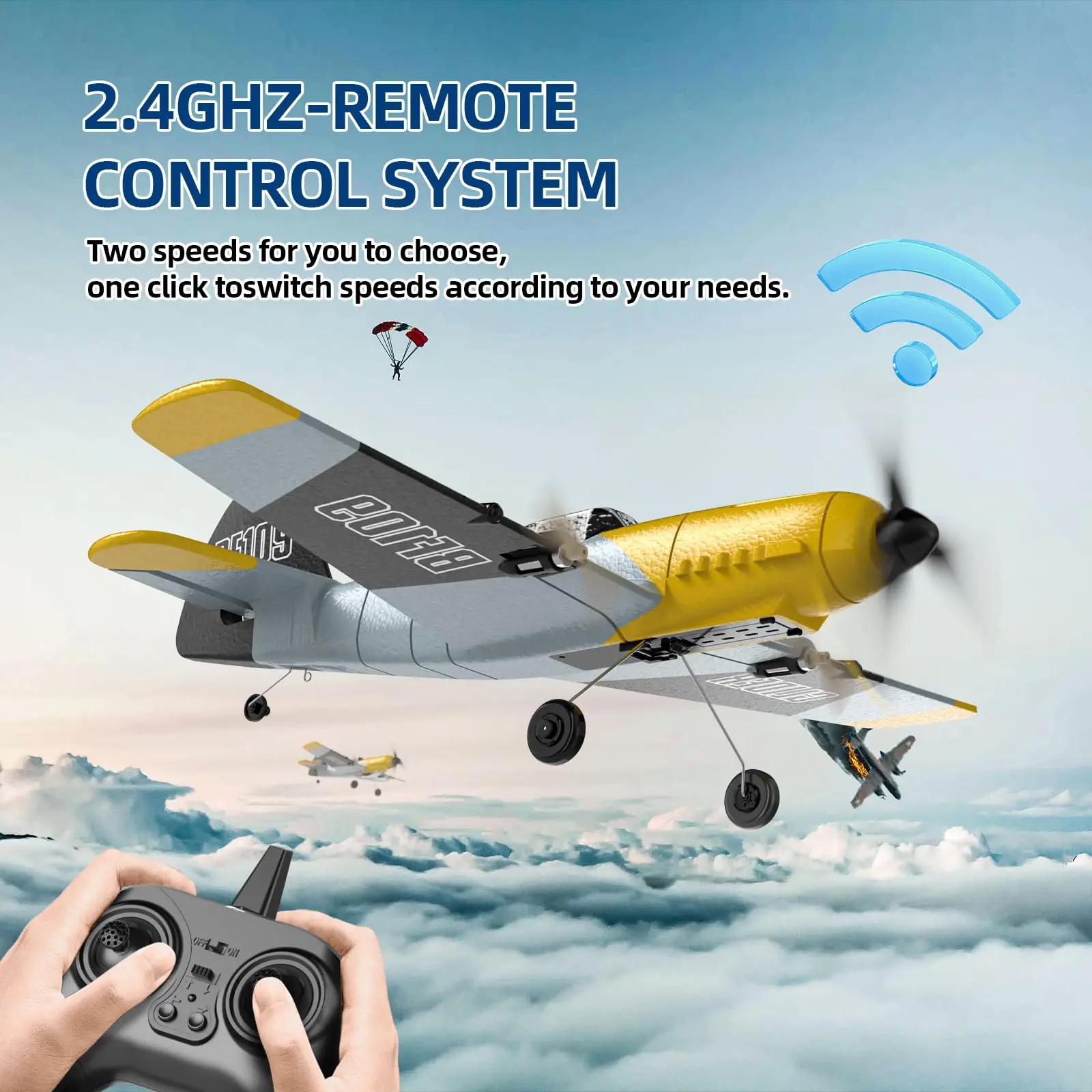 DEERC RC Plane BF-109, 3 canales, 2,4 GHz, giroscopio de 6 ejes, planeador RTF, 2 baterías, Easy Fly para adultos, niños, principiantes