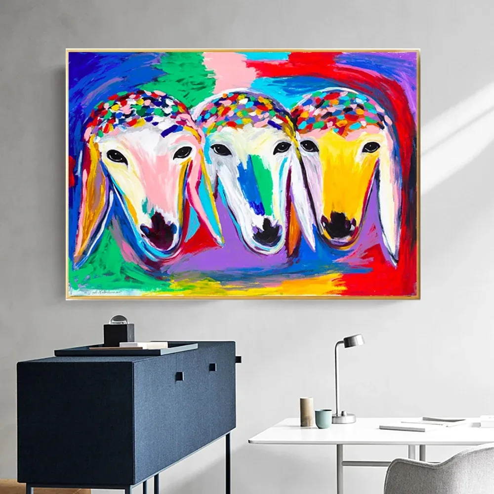 Handmade Three Sheep Head Oil Painting on Canvas for Living Room Decor M.Kadishman Modern Sheep Colorful Animal Famous Paintings