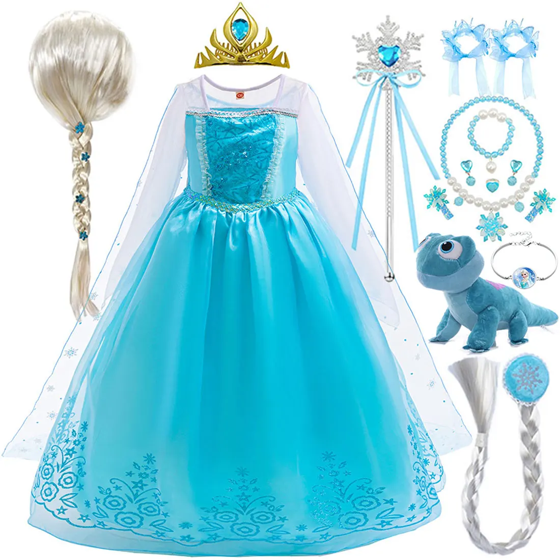 

Halloween Disney New Elsa Blue Dress For Girl Easter Christmas Holiday Party Gifts Girl Cute long-sleeved Elsa Dress Accessories