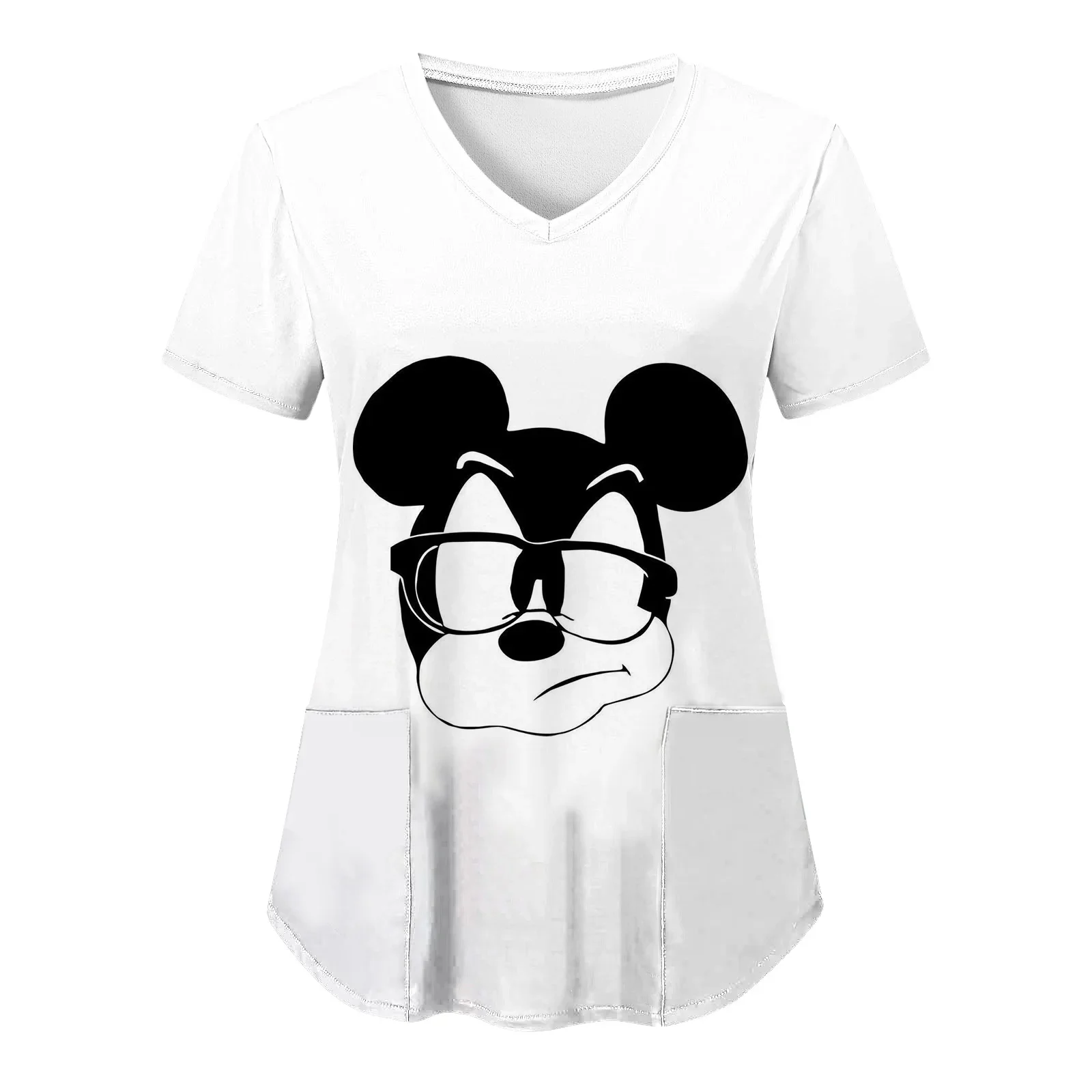 Mickey T-shirts Nurse Uniform Tops Disney Pocket Shirt V Neck Top Women 2024 Hospital T-shirt Summer Woman Clothes Minnie Mouse