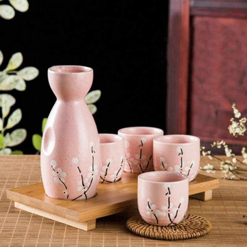 5pcs/set Ceramic Sake Pot Cups Set Flagon Liquor Cup Spirits Cups Set Japanese Bar Wine Set Flower Text Pattern Creative Gifts