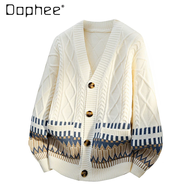 

2025 Autumn Winter Loose Casual V-Neck White Knitted Cardigan Men's Orange Navy Blue Patchwork Versatile Sweater