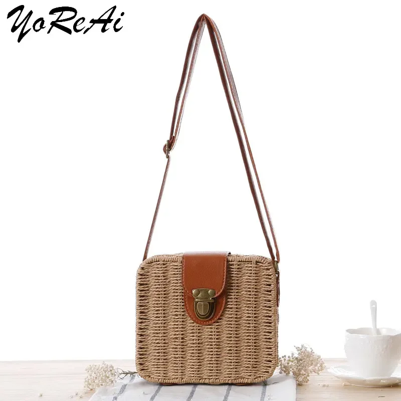 

YoReAi New Rattan Box Straw Shoulder Bag Women Bohemia Summer Sandy Beach Square For Lady Messenger Wicker Crossbody Bags