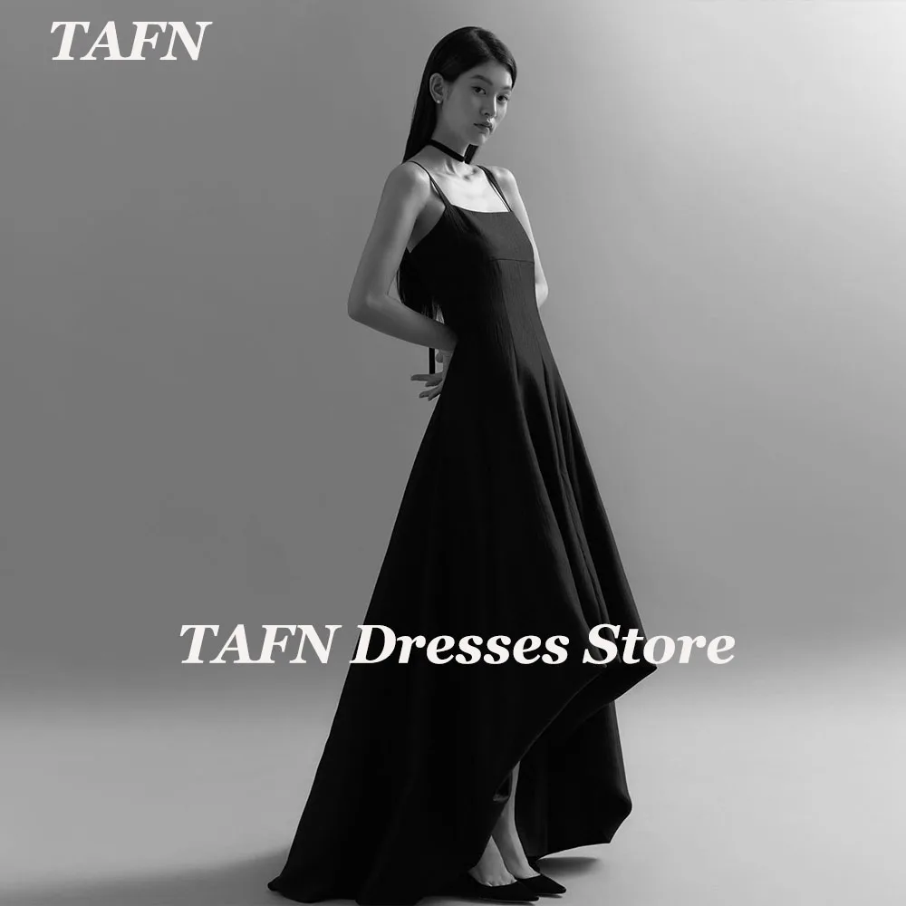 

TAFN Black Simple Spaghetti Straps Evening Dresses Square Collar Sleeveless A-line Sweep Train Korea Wedding Reception Dresses