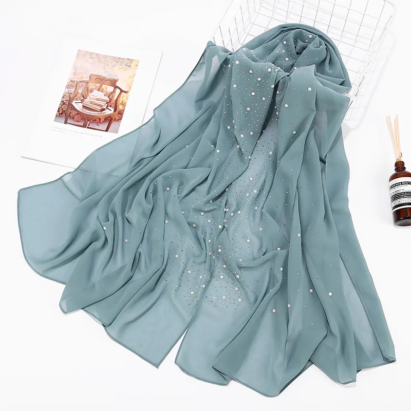 Women Plain Bubble Pearl Chiffon Scarf Head Hijab Wrap Solid Shawls Headband Foulard Femme Muslim Hijabs