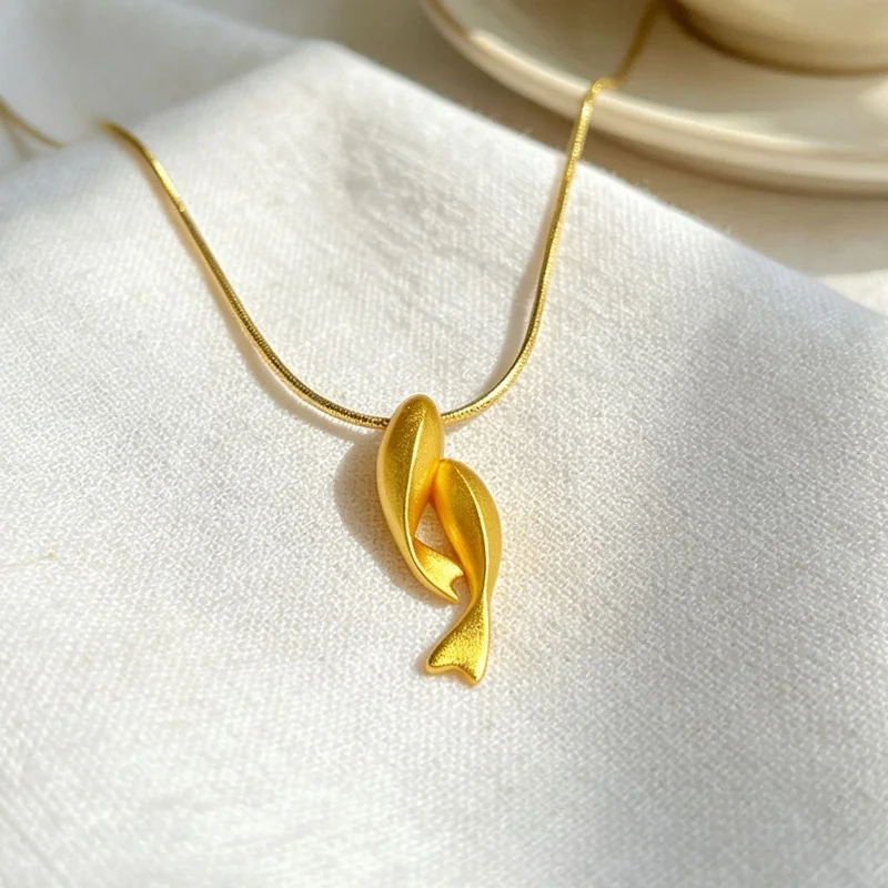 

100% Real 24K Gold Snake Chain Double Fish Koi Pendant Necklace for Women Luxury Elegant Boutique Trendy Versatile