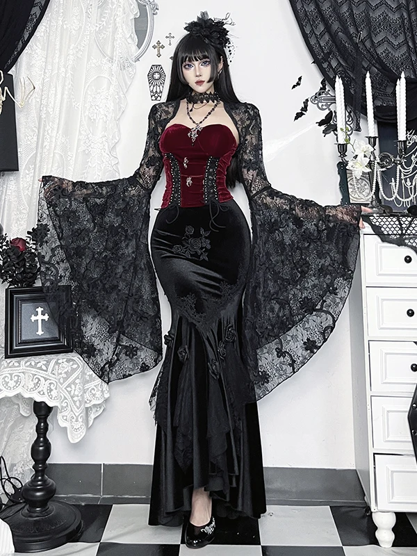 loween Gothic Lace Floral Print Women's Outfit with Fi Tail Skirt And Top Bundle k Sle High Waist Polyester Fiber