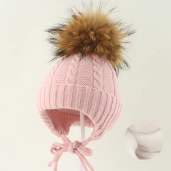 Winter Baby Hat Real Fur Pompom Beanie Cute Bonnet Fleece Lining Ear Protection Boys Girls Cap Warm Crochet Hat For Kids