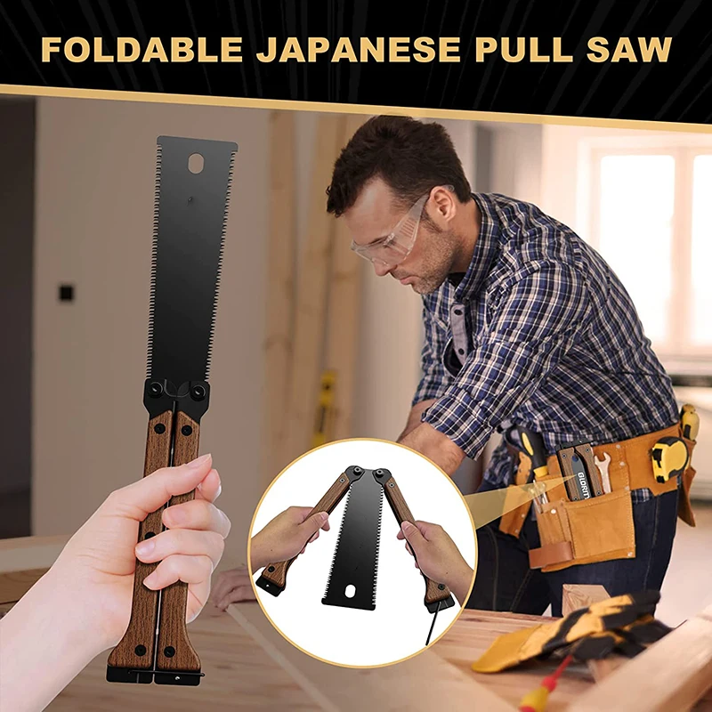 Serra de tração japonesa dobrável, serra manual de 140 mm com bordas duplas de 13/14 TPI, lâmina SK5 e design de engrenagem de moagem de três lados