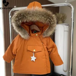 Kids Down Coat New 2023 Baby Boys Girls Winter Thicken Warm Fur Hooded Zipper Solid Cotton-padded Overcoat Parka Outerwear