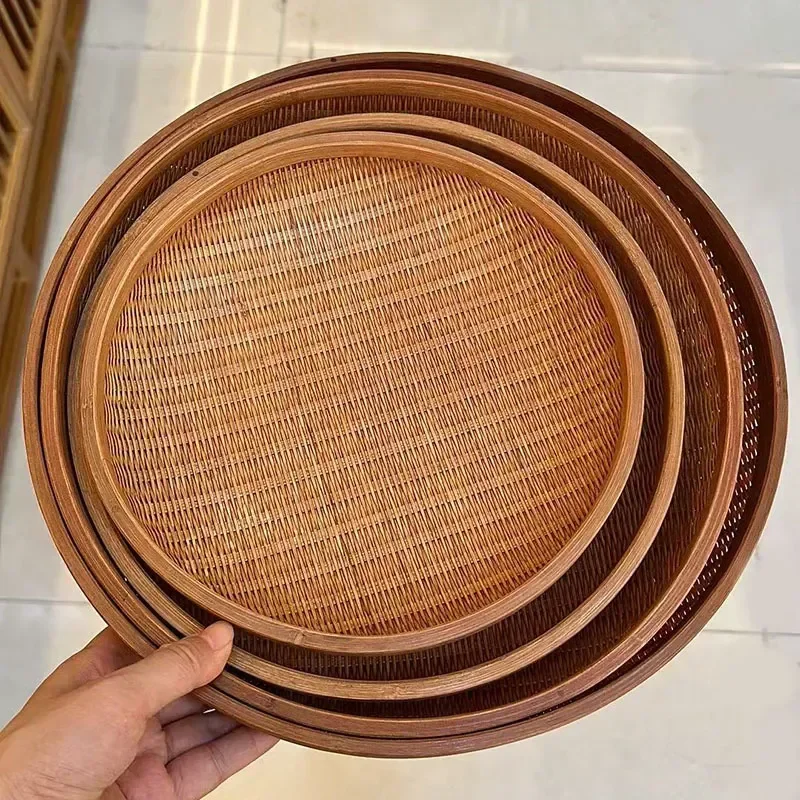Handmade Bamboo Woven Storage Basket Shallow Mouth Fruit Dried Fruit Plate Dim Sum Tea Set Tray Natural Organizer