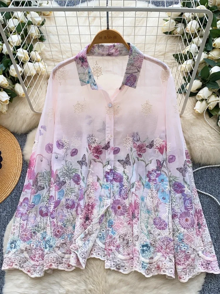

Casual Embroidery Loose Shirt Women Long Sleeve Turn-Down Collar Ladies Button Design Summer Print Vacation Blouse Female