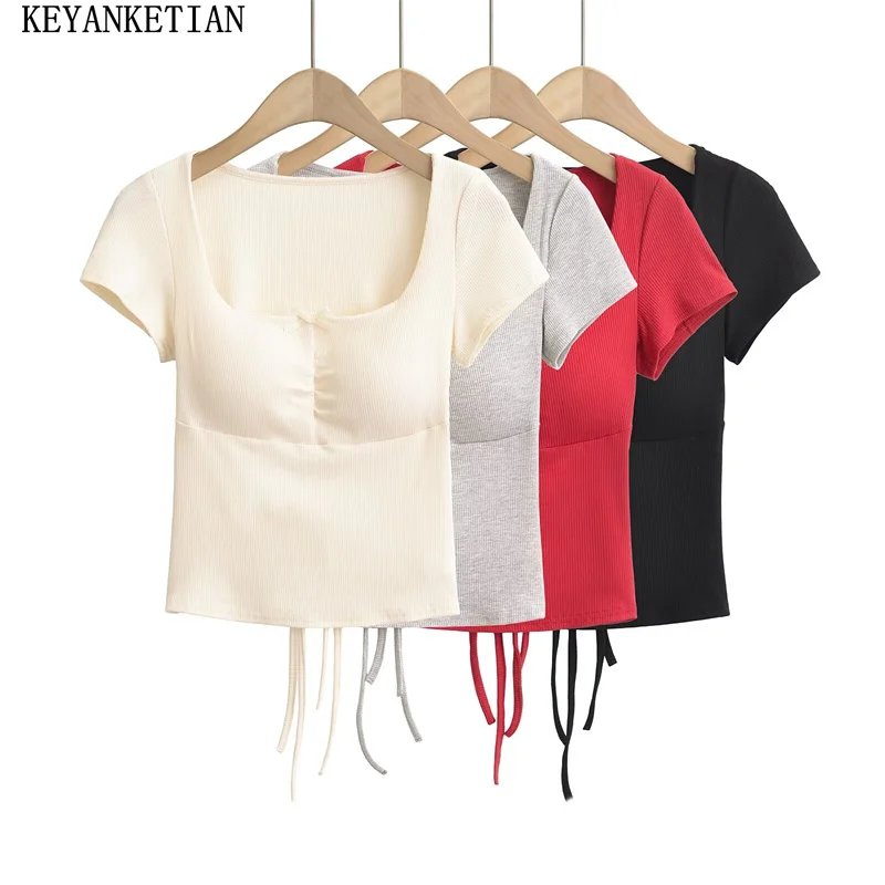 KEYANKETIAN 2024 New Launch Women's Chest Padded Knit Top Summer Y2K Bow Decoration Lace Up Expose waist Chic Sexy Tight T-shirt