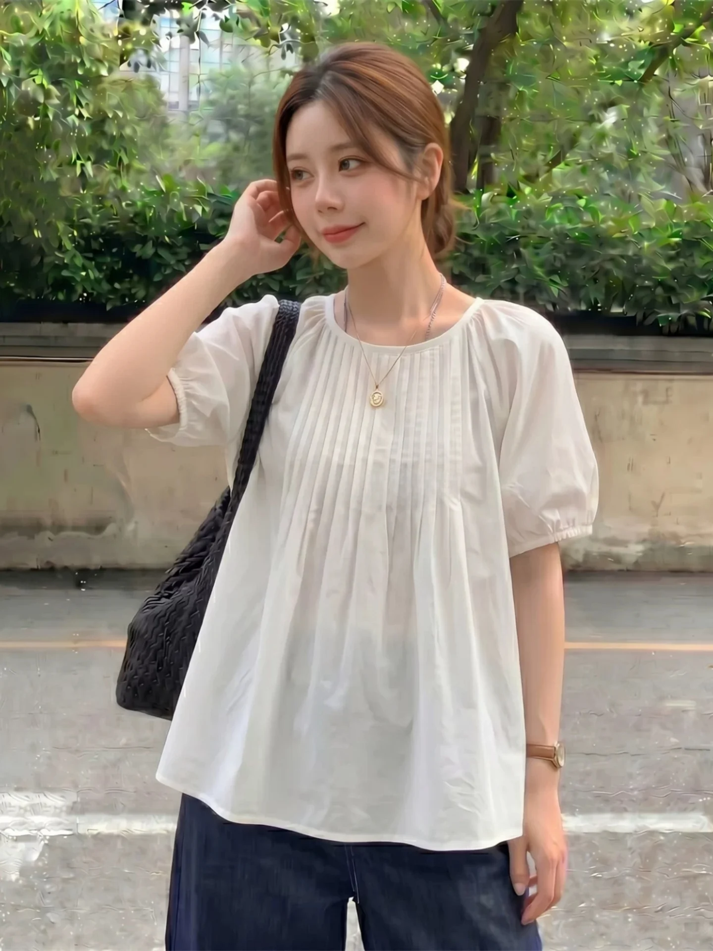 Slimming Loose Short Sleeve Bubble Shirt Women's Base Layer Summer 2026 plus Size Fat MM Folded Design Sense T-Shirt