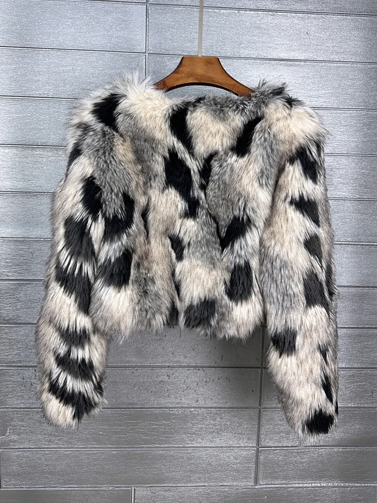 Zadorin inverno recortado jacquard falso casaco de pele de raposa mulher y2k roupas manga longa pele curta casaco falso jaqueta peluda mulher casacos de pele