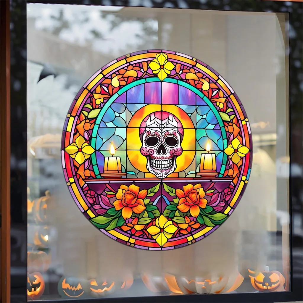 30/40cm Round Halloween Window Cling Skull Stained Glass Effect Static Sticker No Glue Glass Decal Home Holiday Party Decoration