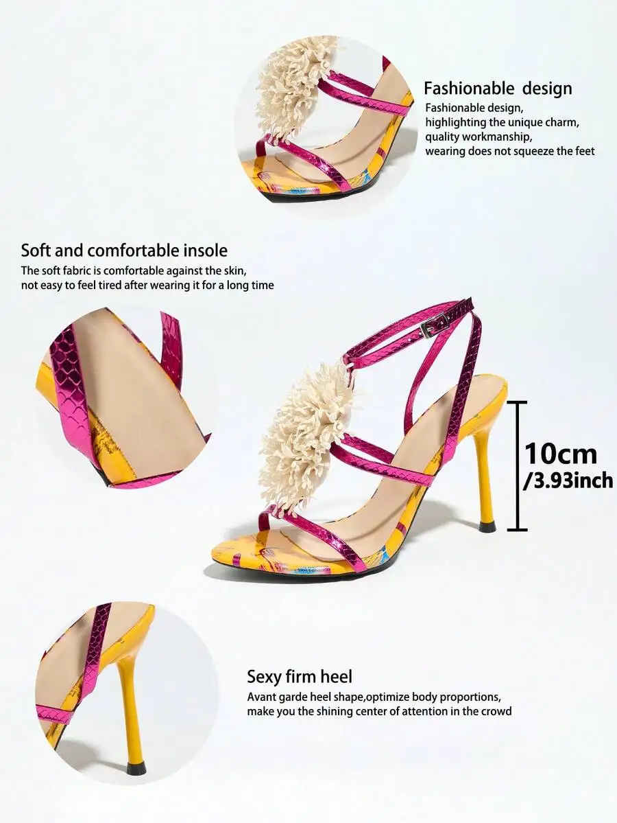 Sandalias de tacón alto para mujer con decoración de coral esponjoso, patchwork de cuero PU, punta puntiaguda, tacón de aguja de 10 cm para fiestas
