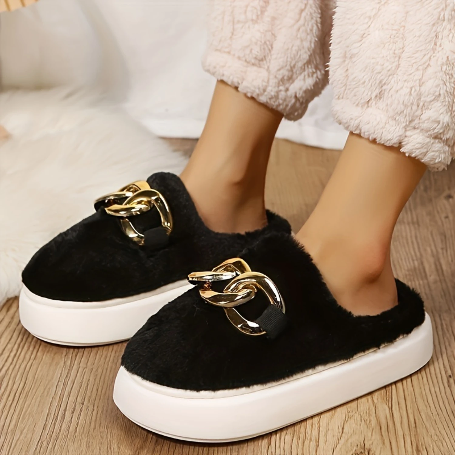 Women's Chain Decor Platform Slippers, Casual Slip On Plush Lined Shoes, Comfortable Indoor  Shoes