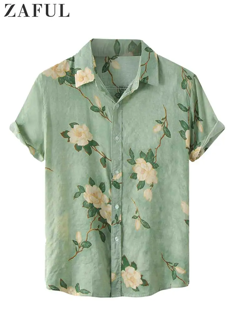 ZAFUL Shirts for Men Flowers Pattern Short Sleeves Blouses Summer Streetwear Shirt Casual Button Loose Tops Hawaiian Style