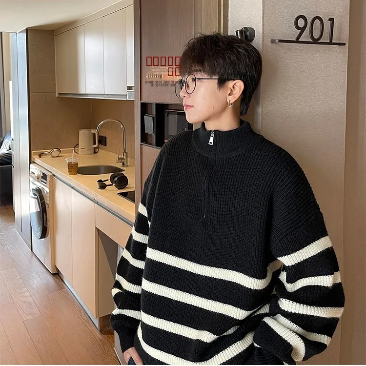 

Мужской трикотаж больших размеров на молнии с высоким воротником, свободный крой, ленивый крой, корейский модный толстый свитер, осень-зима, тяжелая баба...