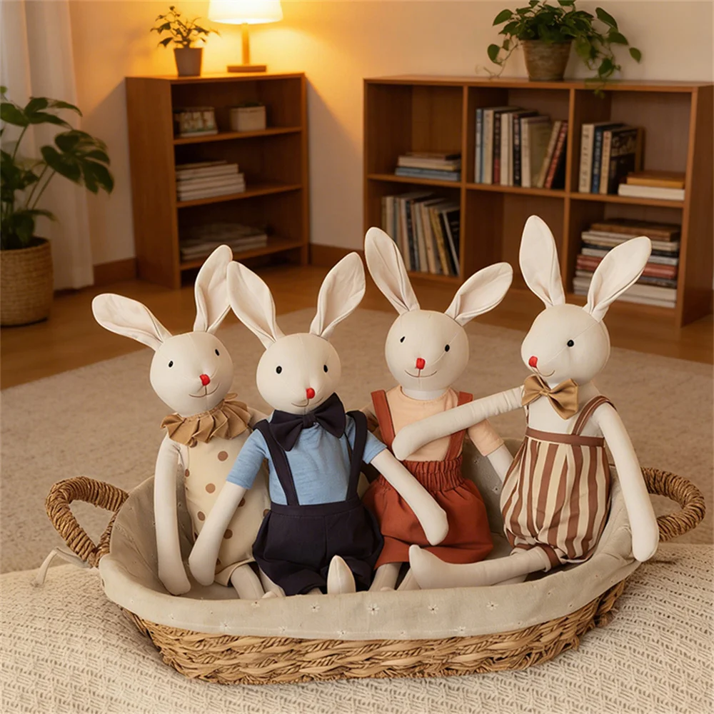 Cotton Linen Rabbit Plush Toy Stuffed Animal Bunny Doll with Clothes Soft Handmade Baby Comfort Toy for Kids Room Decor Gift