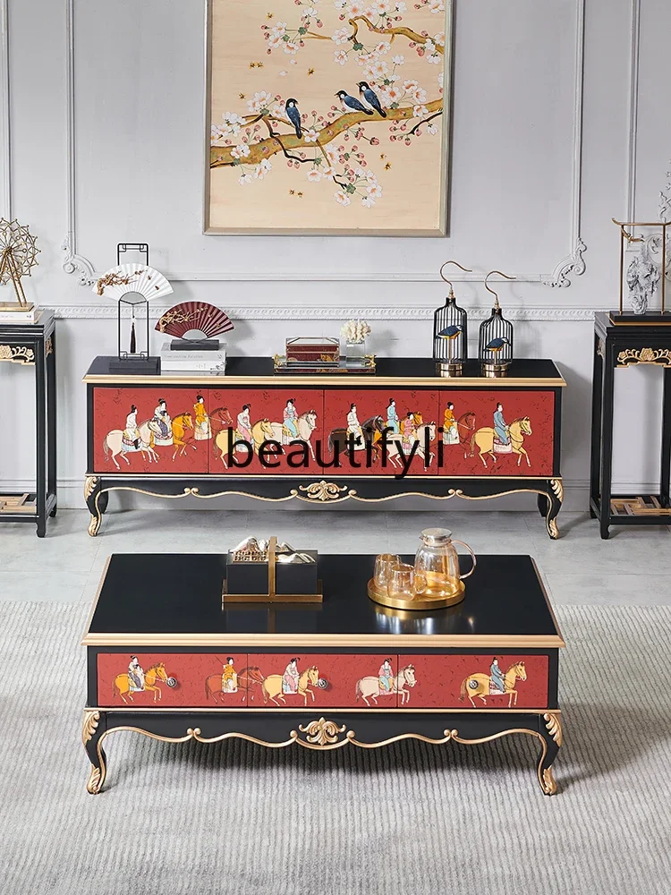 New Chinese style new villa high-end floor-to-ceiling high-foot solid wood coffee table TV cabinet combination