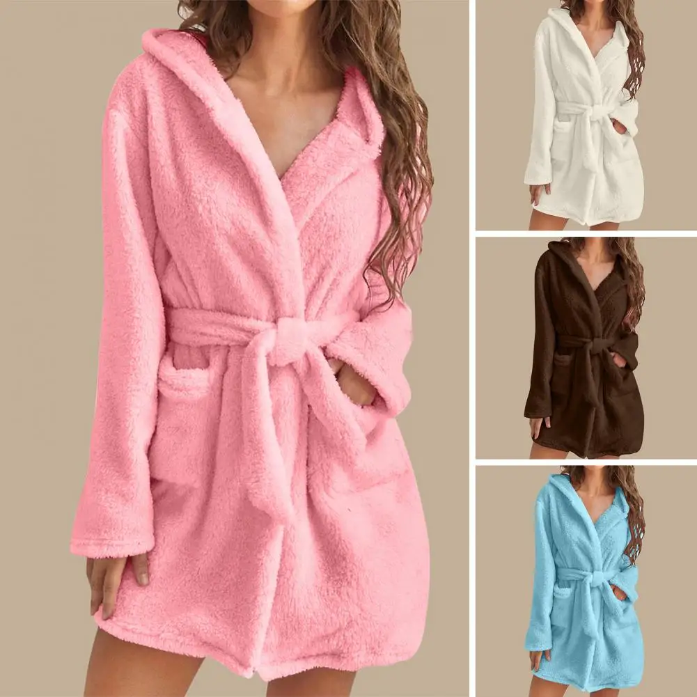 Women Bath Robe Winter Fluffy Plush Pyjamas Ladies Sexy Hooded Dressing Solid Color Gown Warm Bathrobe Female Home Clothing