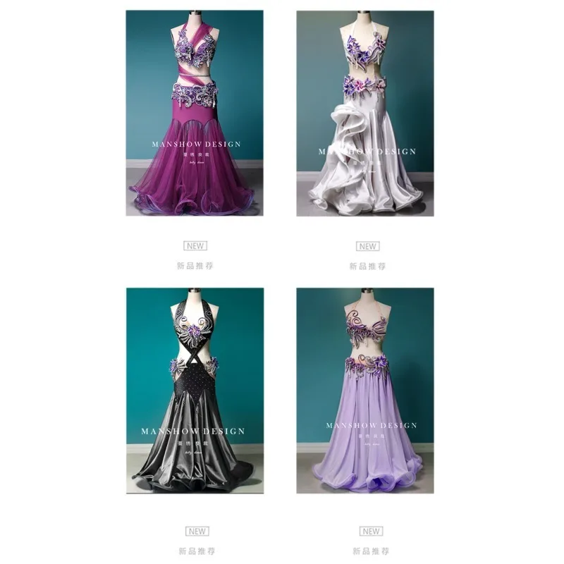 Damski strój do tańca brzucha na zamówienie, kostium sceniczny, zestaw odzieżowy, biustonosz do tańca brzucha z frędzlami, pas, duża spódnica z szerokim dołem, 3 sztuki, biały