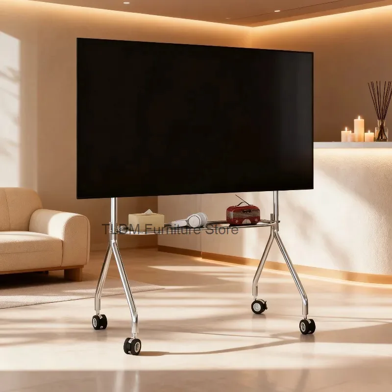 Nordic TV Racks Multifunctional Stainless Steel Mobile TV Stand with DIY Pegboard Sturdy Y - Shaped Structure 360° Swivel Wheels