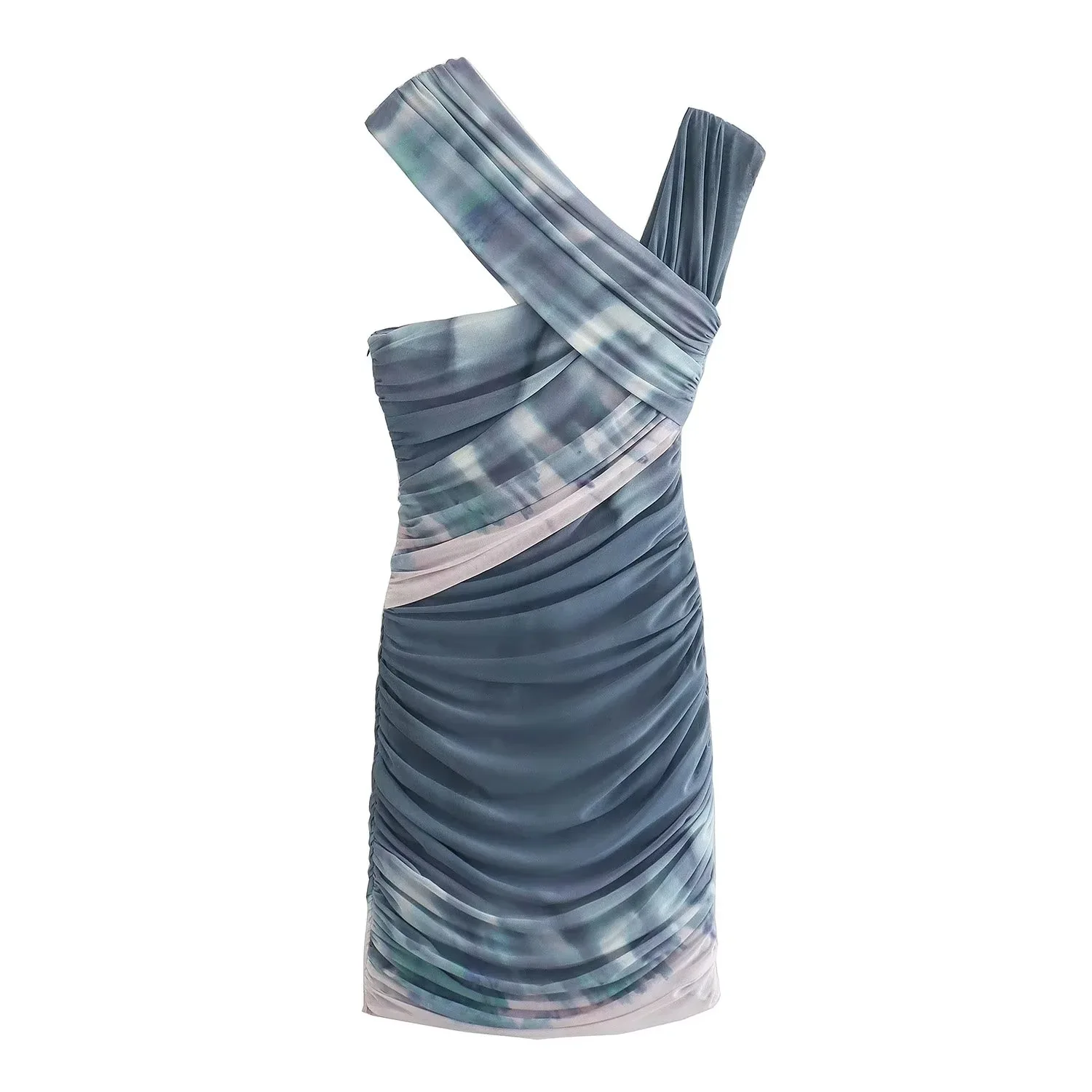 2023 Women Packages Hips Mini Robe Sexy Blue Gradient Tie-dye Print Cross Strap Sleeveless Ruched Pleated Tank Mesh Dress