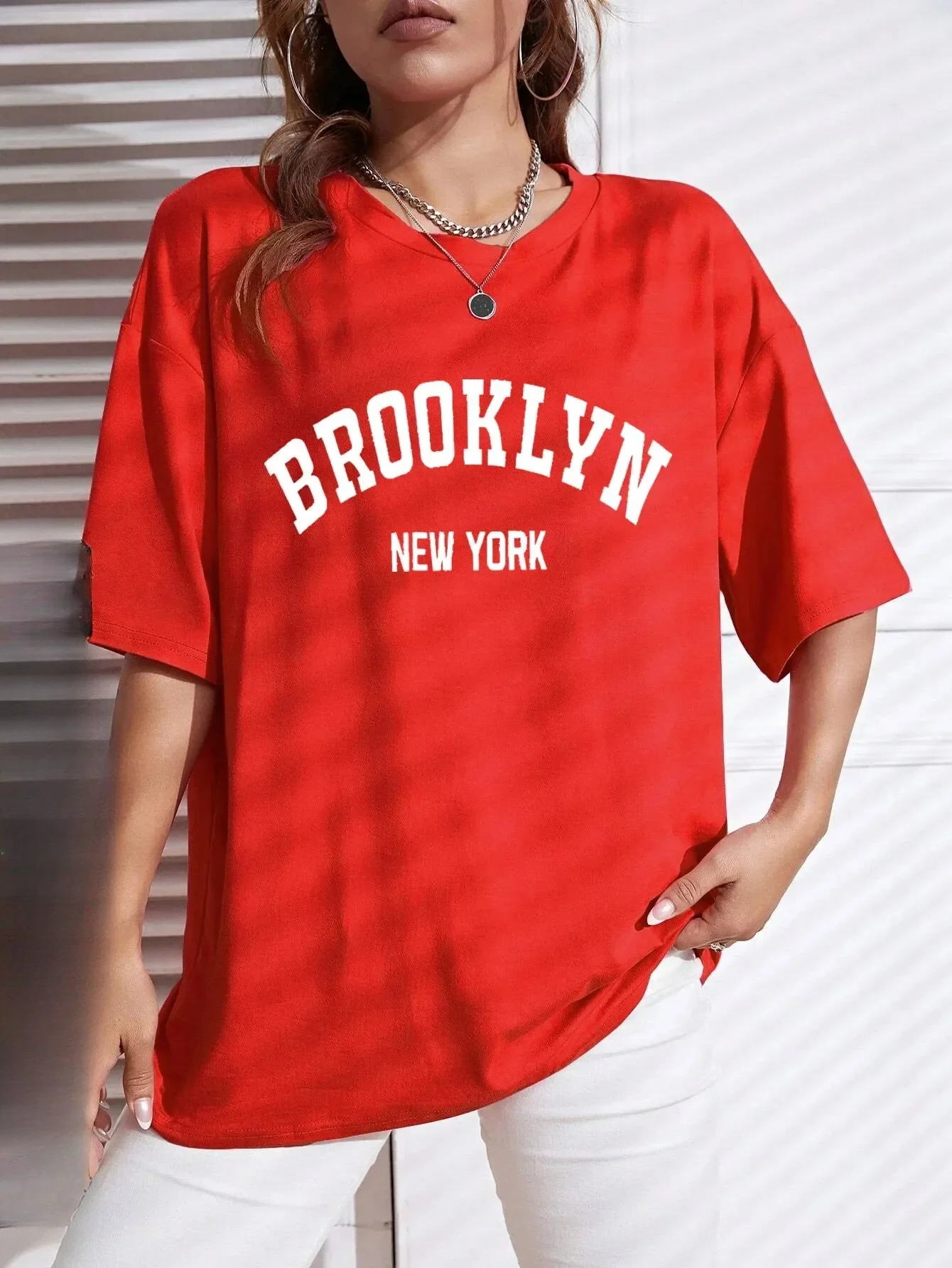 Damen-T-Shirt mit Rundhalsausschnitt, lässige Streetwear-Mode, Buchstaben-Print, Brooklyn New York, Retro-Sommer-Baumwollshirt, Übergröße, Oberteil – Detail 3