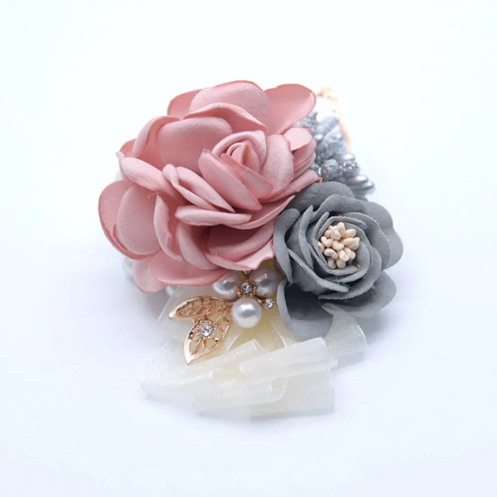Open Artificial Flower Wrist Flower Pearl Wristband Rhinestone Ribbon Wedding Prom Dance Party Bridal Wrist Flowers - view 4