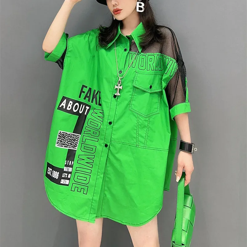 Chic Ins Women Blouse Shirts New Cool Short Sleeve Casual Green Spliced Patchwork Shirt Woman Letter Print Shirts Blousa NZ49