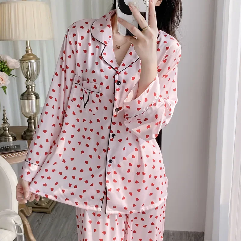 

Women Two-Piece love Print Pajamas Spring And Autumn Ice Silk Pijama Female Summer Thin Pyjama Home Clothing