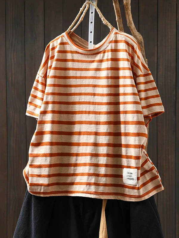 Loose Fit Cotton Linen Stripe Shirt Women Summer Slimming Casual round Neck Short Sleeve Top Korean Style Fashion Artistic