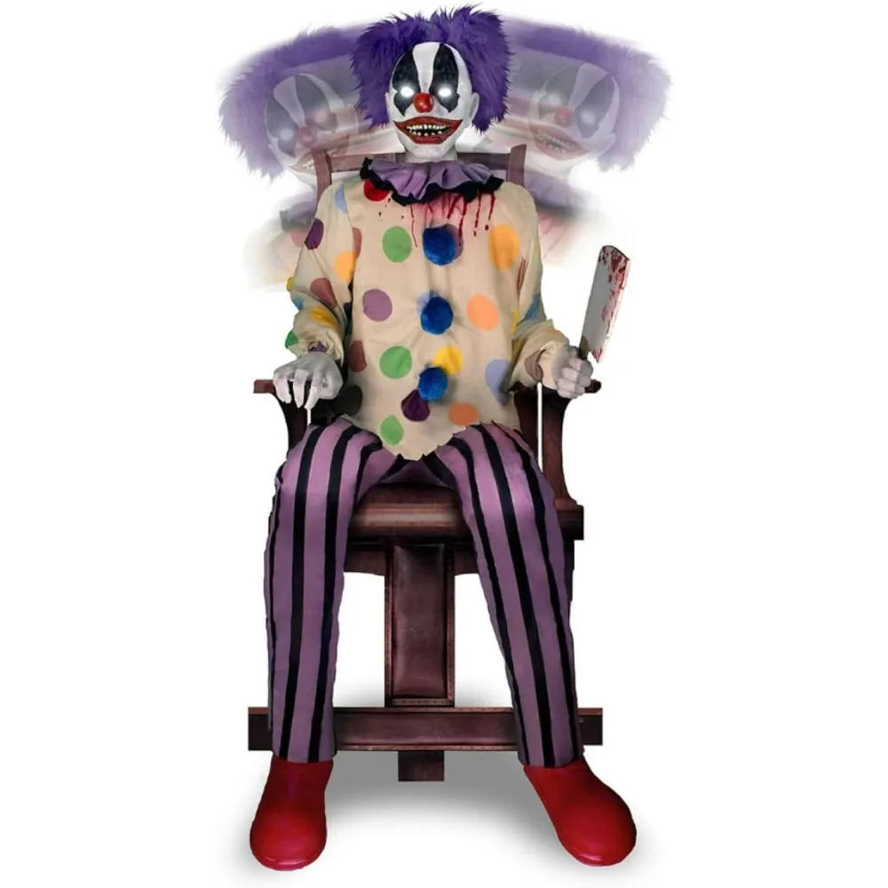 Action-activated whipping clown with cleaver animatronic creepy Halloween ornament, plug-in battery powered, Event & Party