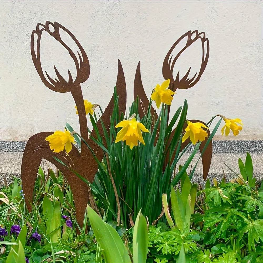 1pc/2pcs Rusty Metal Tulip Garden Pile - Weatherproof Outdoor Decoration with Exquisite Floral Patterns, Modern Rustic Inserts