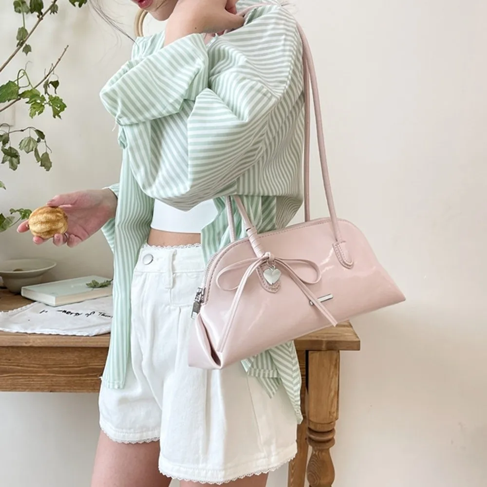 

Creative Korean Style Plaid Underarm Pack Sweet Bowknot PU Leather Boston Shoulder Bag Casual Solid Color Women Handbag Gift