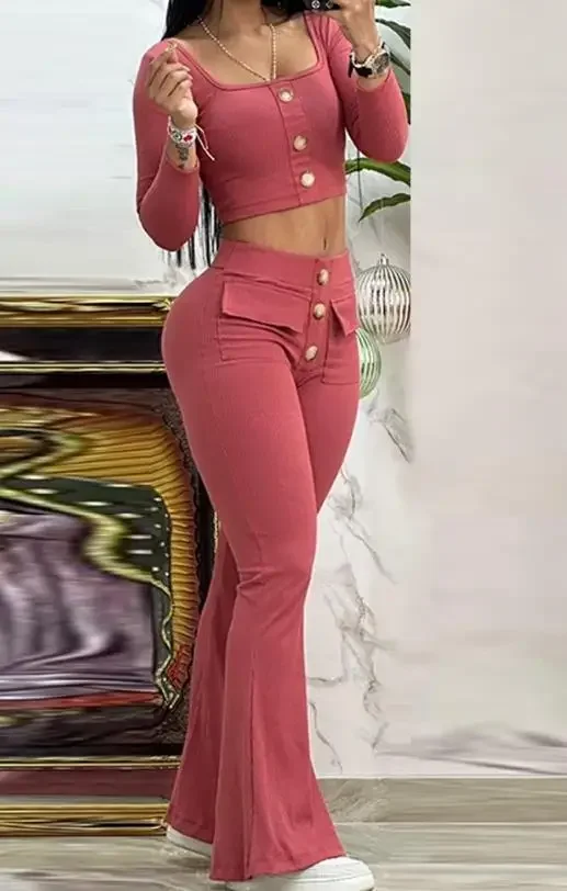 

CPSYMYM Two Piece Set Women Outfit Summer Square Neck Long Sleeve Buttoned Top & Pocket Design High Waist Flared Pants Sets