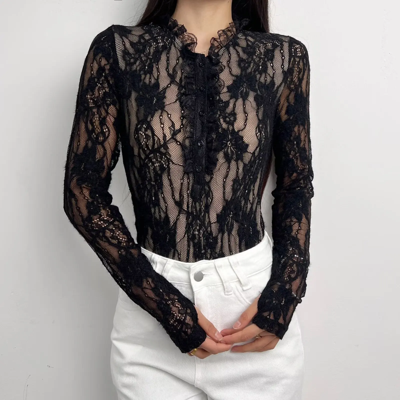 Sexy See Through Lace With Lining Wood ears Stand Collar Long Sleeve Bodysuit Woman Tight Short Jumpsuit Slim Rompers Playsuits